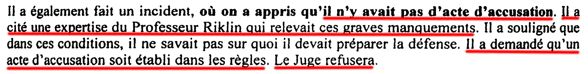 Le Professeur Riklin atteste qu'il n'y a pas d'acte d'accusation